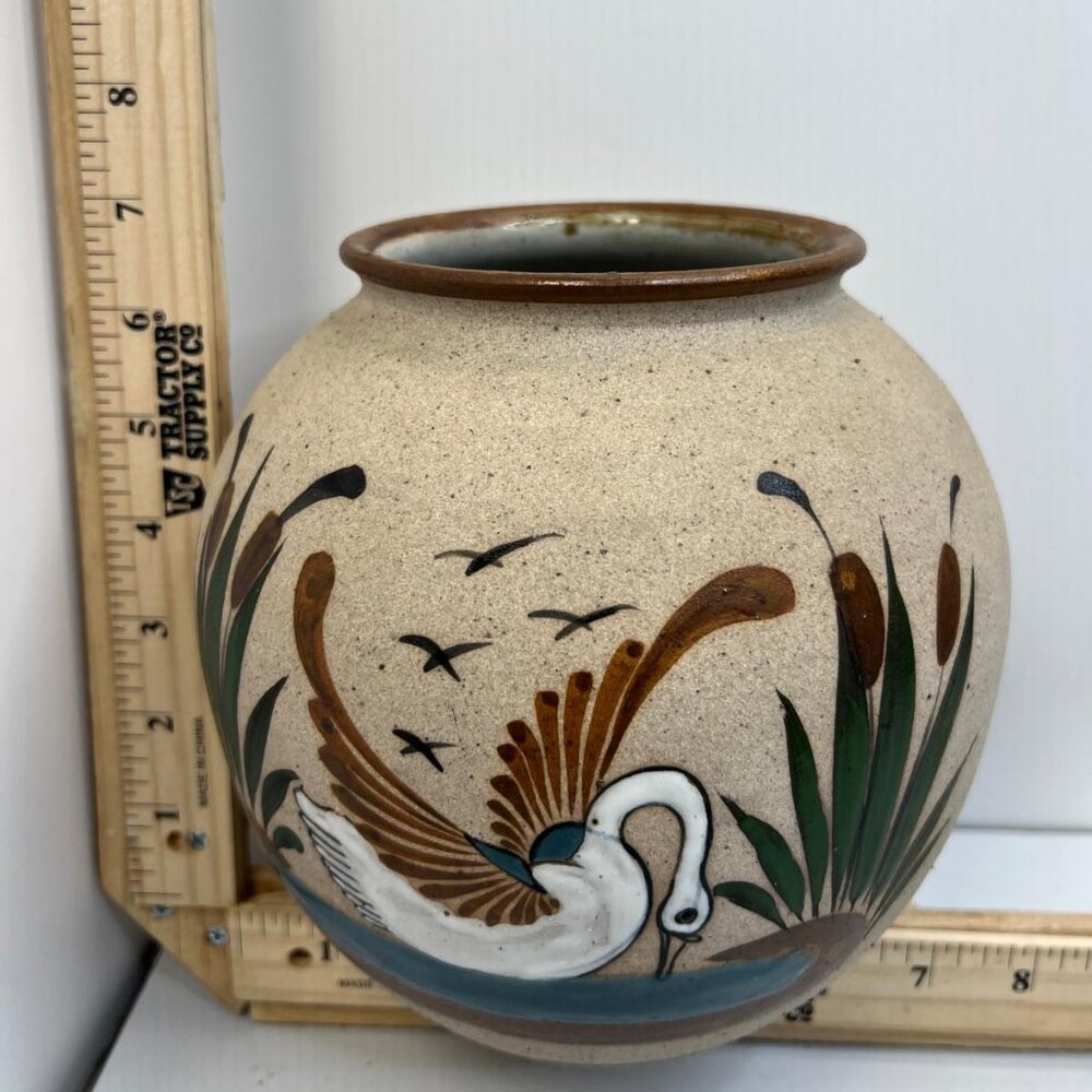 Signed N Shico Studio Pottery Vase Hand Painted Swan Stoneware Art Decor